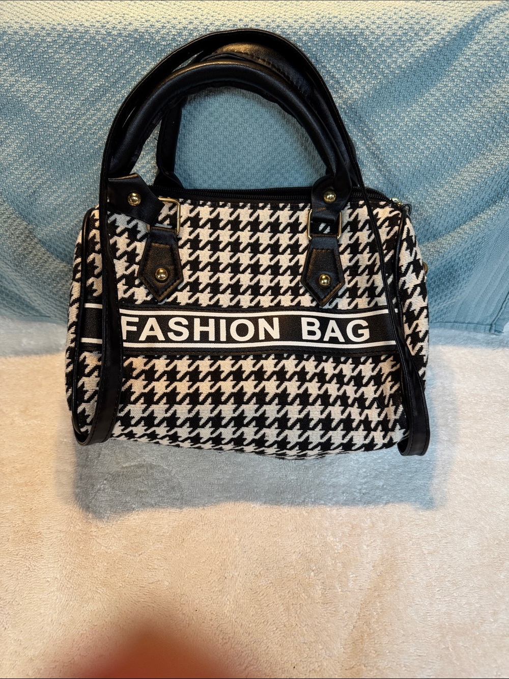 Black & White Houndstooth Satchel with 'FASHION BAG' Accent